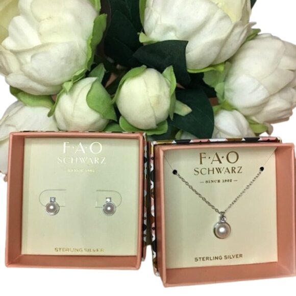 FAO Schwarz Jewelry - NWT FAO Schwarz Sterling Silver Simulated Pearl Pendant Necklace & Earring Set